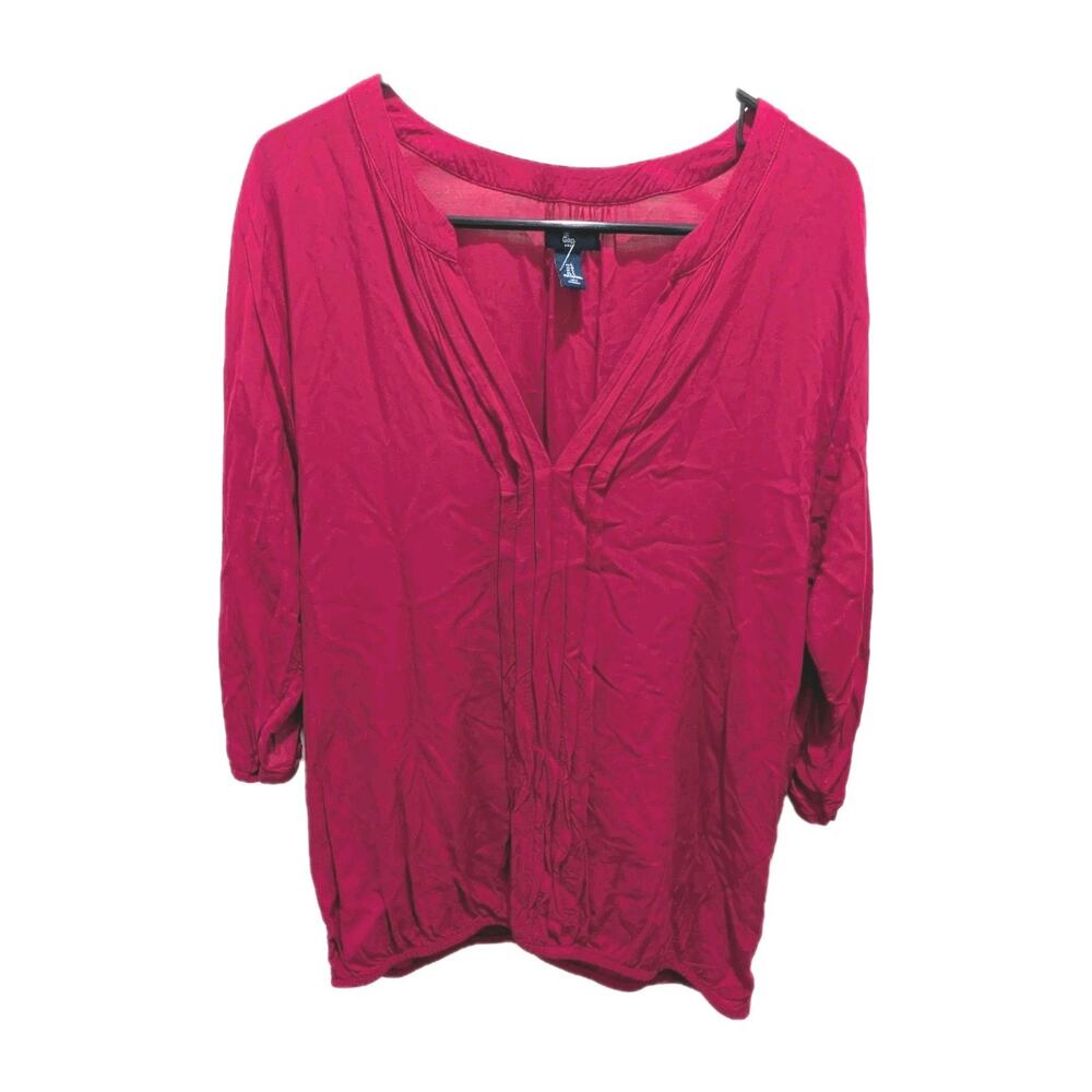 GAP Shirt Top Women's Size Large Pink V-Neck Blouse Pleated Pullover Bubble Hem